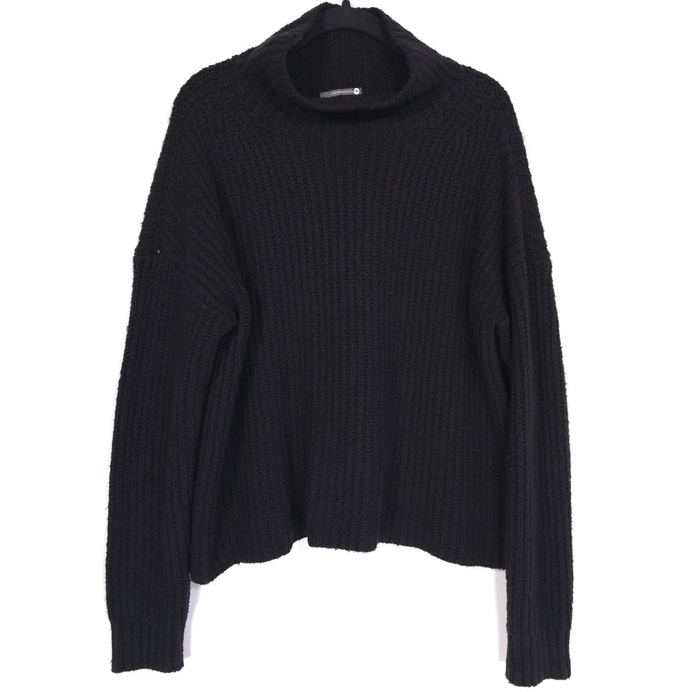 Anthropologie Women's Sweater SMALL Black‎ Drop Shoulder Rib Knit High Mock Neck